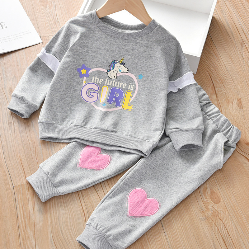 Conyson Latest Design Non-hooded Long Sleeve Cute Girl Track Cartoon pure color love print Girl autumn cotton Kids Clothing Sets