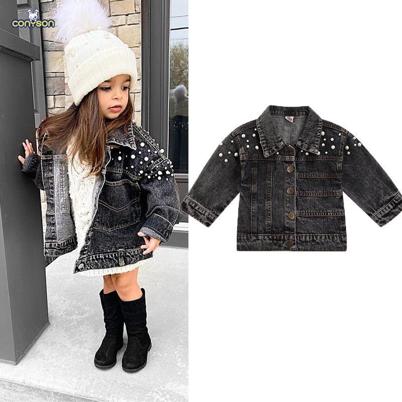 Conyson Fashion Autumn Infant Baby Girls Thick Jacket Outwear Solid Denim With Pearl Single Breasted Coats