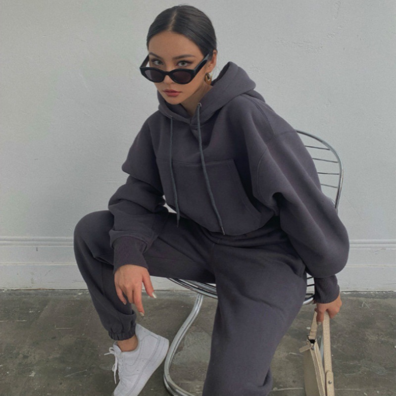 Hot Sale High Quality Custom Long Sleeve Tracksuit Sport Gym Pullover Plain Crop Top 2 Pieces Jogging Oversized Women's  Set