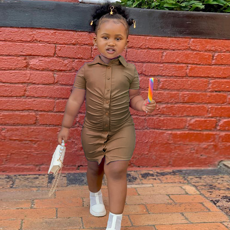 Conyson Hot Sale Summer Kids Clothes Sexy Tight Button Solid T-shirt Little Girls Custom Casual Short Sleeve Dress New For Kids