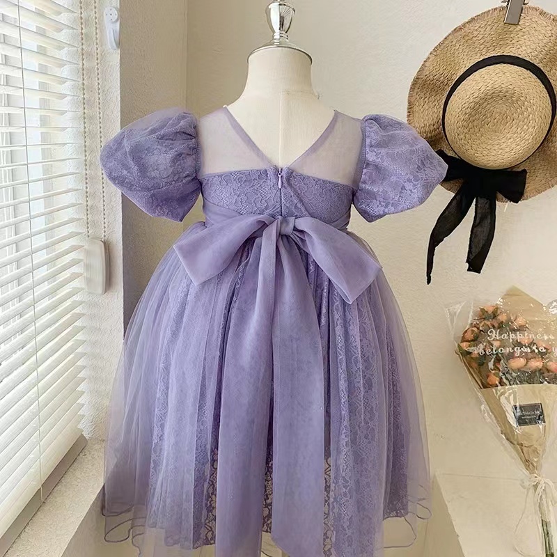 Conyson New Design Wholesale Price Solid Birthday Wedding Party Wear Flower Dresses Baby Girls Bowknot Purple Princess Dress