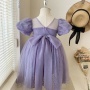 Conyson New Design Wholesale Price Solid Birthday Wedding Party Wear Flower Dresses Baby Girls Bowknot Purple Princess Dress