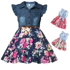 Girls Denim Floral Dress Summer Party Dress with Belt Children Flying Short Sleeve Casual Clothing Baby Girl Kids Fashion Outfit