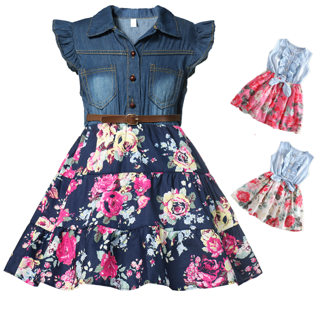 Girls Denim Floral Dress Summer Party Dress with Belt Children Flying Short Sleeve Casual Clothing Baby Girl Kids Fashion Outfit
