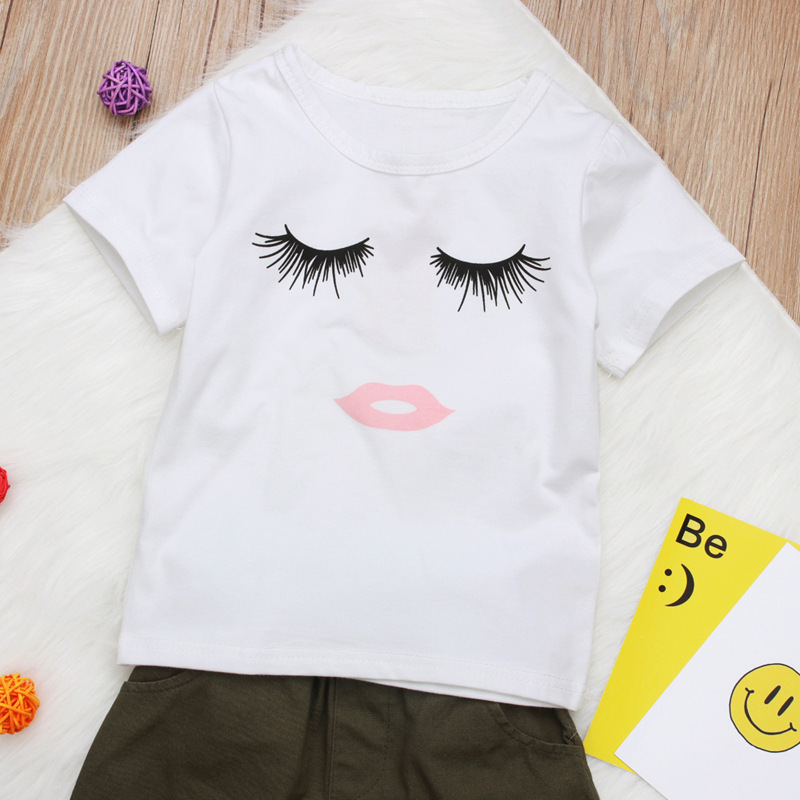 Wholesale 2021 Summer casual short sleeve white print cartoon tops medium pants Kids Clothes suits Children girls Clothing Set