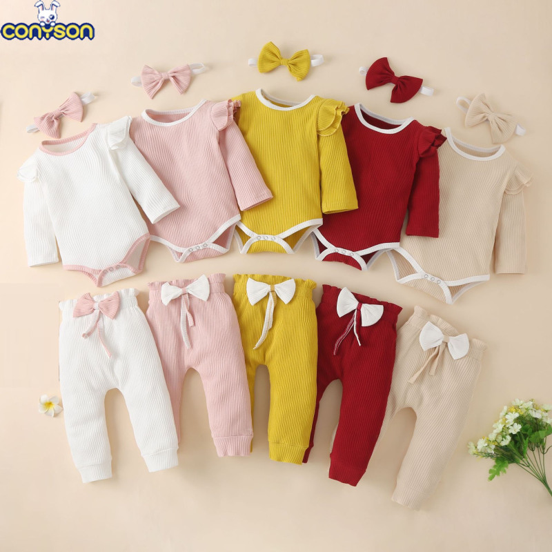 Conyson hot sale fashion Three-piece Jumpsuit Striped Color Long-sleeved Bow Baby clothes kids Cotton Clothing Set Baby Romper
