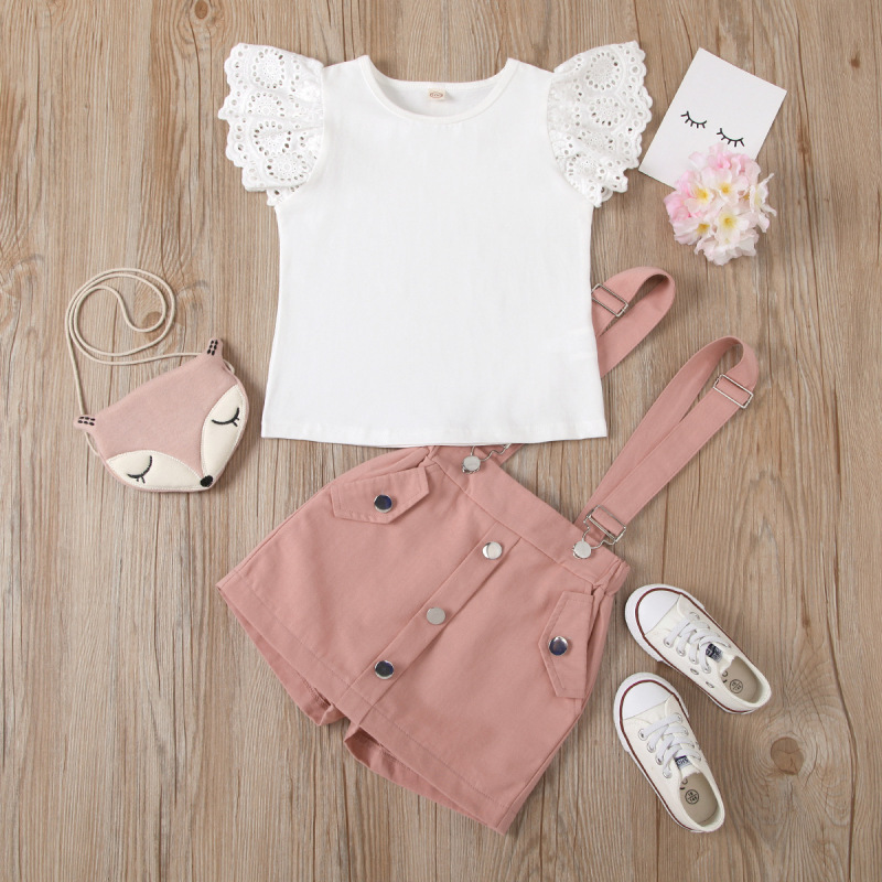Fashion 2pcs Kid Girls Outfit Sets Casual Summer Girl Clothes Set Flying Sleeve Top Suspender Shorts 2pcs Suit Casual Kids Set