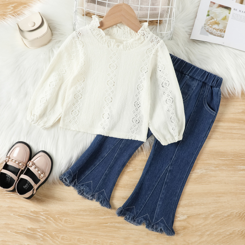 Conyson Children Girls Lace Pullover Jeans Pants 2 Piece Clothing Outfits Casual Designer Top Flower Pant Girl Clothes Sets