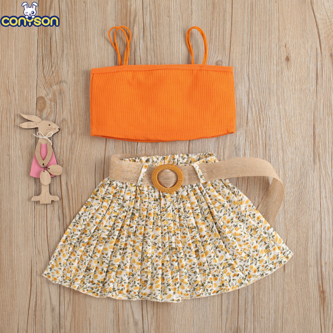 Conyson Bulk Little Kids Summer Sleeveless Slip Pleated Floral Print Skirt 1-6 Years Two Pieces Clothing Set 2023 Baby Girls Set