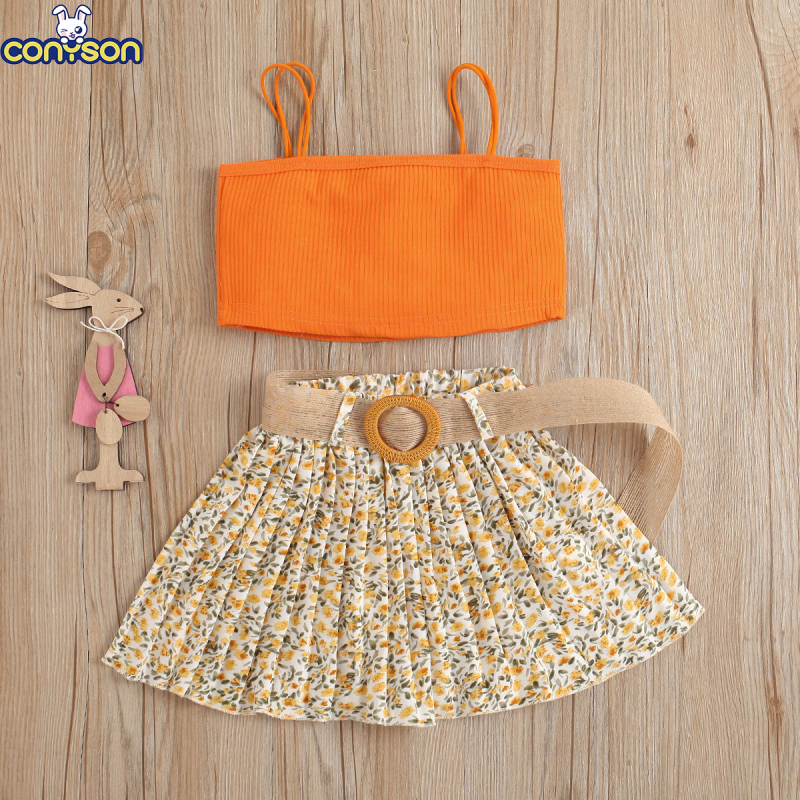 Conyson Bulk Little Kids Summer Sleeveless Slip Pleated Floral Print Skirt 1-6 Years Two Pieces Clothing Set 2023 Baby Girls Set