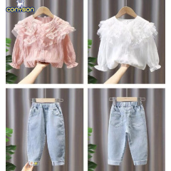 Conyson New Arrival Sweet Lapel Lace Blouse And Jeans 3 to 8 Years Old Kids Girls Fashion Size Two Piece Spring Autumn Sets