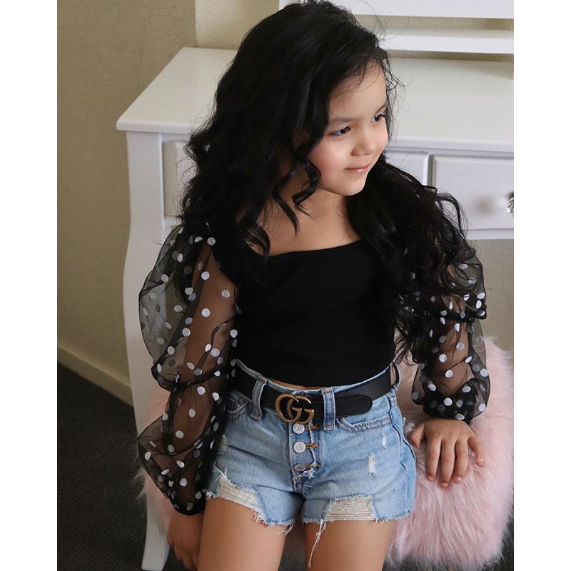 Conyson Fashion Children Clothes Sets Kids Baby Girls Mesh Sheer Puff Long Sleeve Blouse +Denim Shorts Jeans Outfits Tracksuit