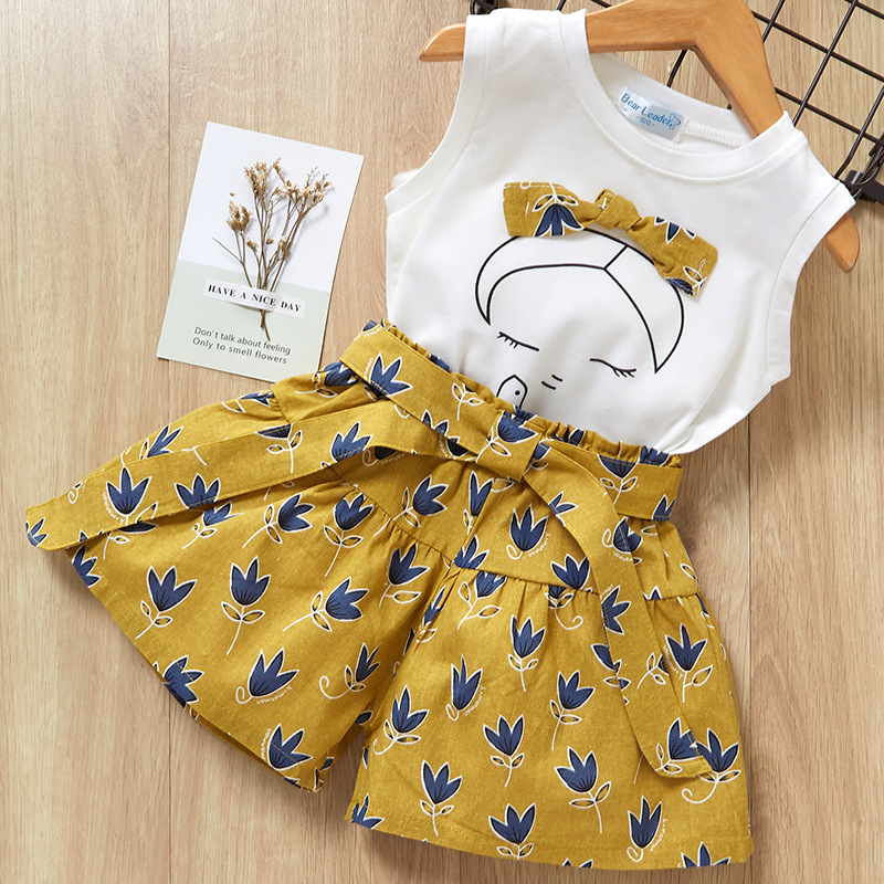 Casual Two Piece Outfit Summer Baby clothes Sets Girls Bowknot Sleeveless Cotton Kids T-shirt Printed Shorts Two-piece Set