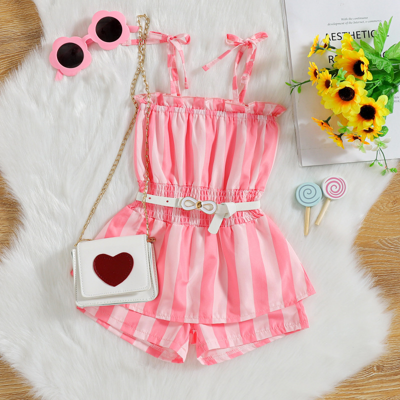 Conyson Infant Kids Girls Summer Sweet Jumpsuits Pants 0-4Y Striped/Flower Printed Strap Sleeveless Lace Up Playsuit With Belt