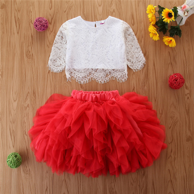 Conyso Kids Girls Lace Dresses Flower Long Sleeve Top Tutu Skirt 2 Piece Clothes Sets Wedding Wear Princess Clothing Suits