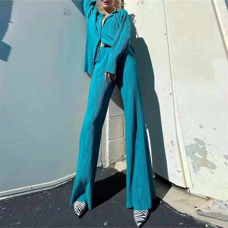 Conyson Good Quality Spring Autumn Woven Polyester Solid Fashion Shirring Design Long Sleeve Cozy 2 Set Women Clothing