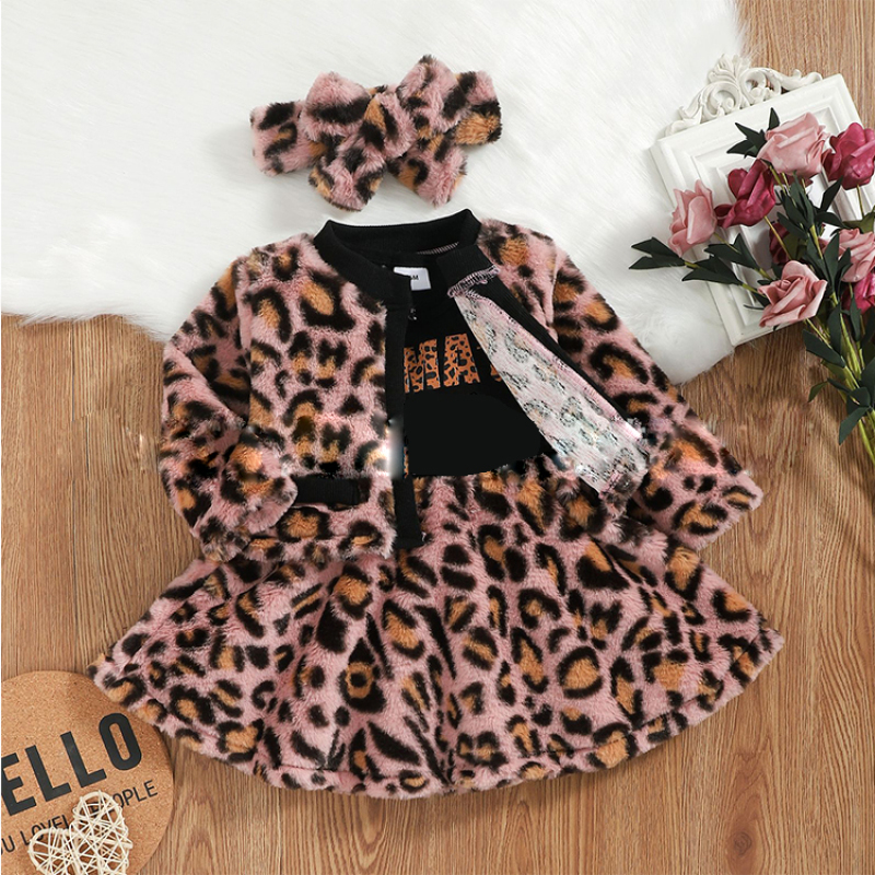 Baby Girl Autumn Princess Leopard Print Dress Suit Letter Stitching Leopard Print Jacket Suit 3pc Set
