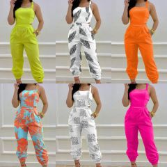 Spring And Summer New Fashion Suspender Vest Apparel Boutique Clothing Backless Bow Print High Waist Jumpsuit Women Clothes