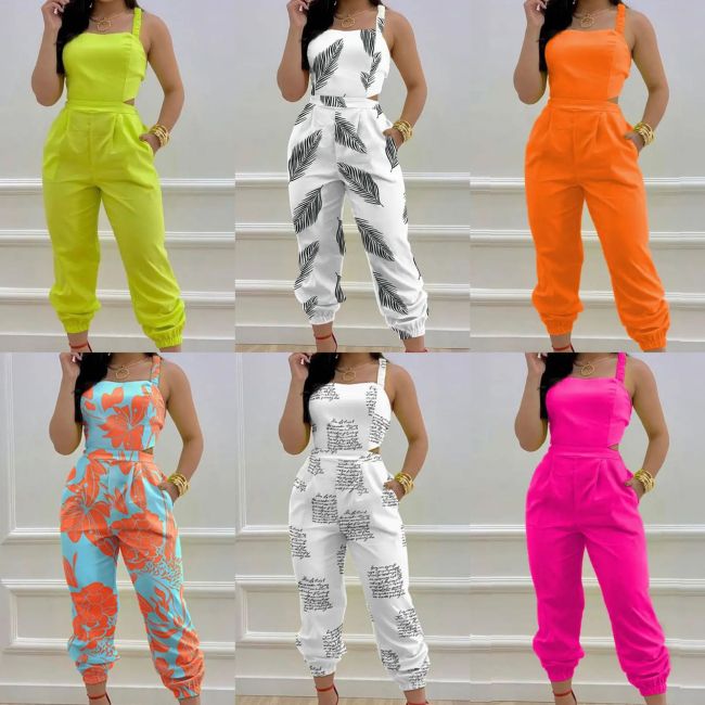 Spring And Summer New Fashion Suspender Vest Apparel Boutique Clothing Backless Bow Print High Waist Jumpsuit Women Clothes