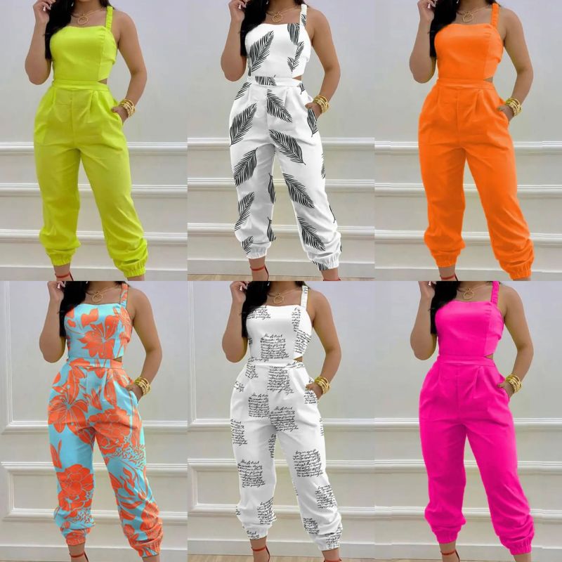 Spring And Summer New Fashion Suspender Vest Apparel Boutique Clothing Backless Bow Print High Waist Jumpsuit Women Clothes