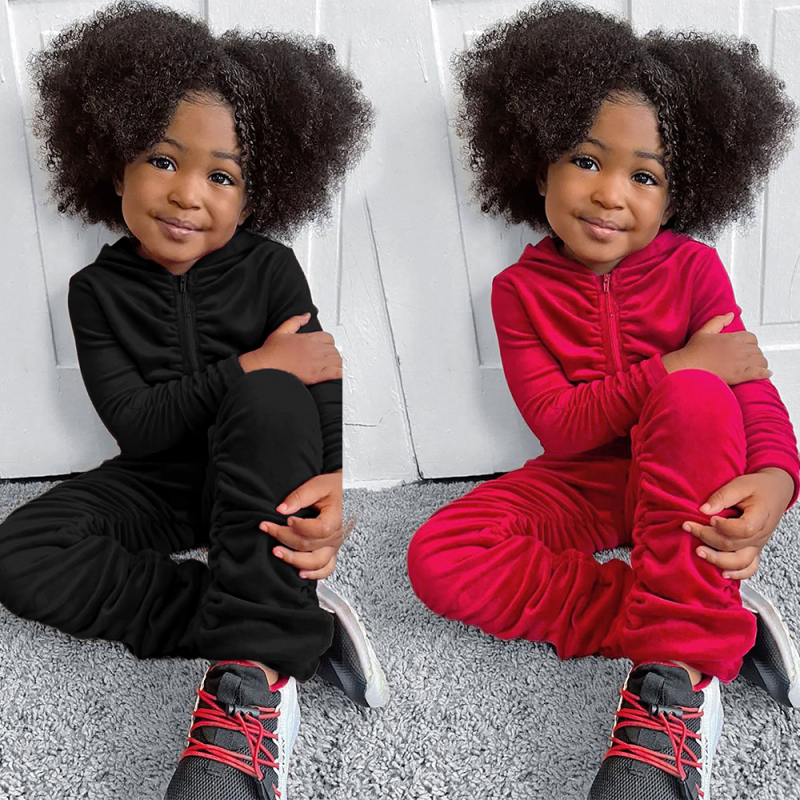 Conyson Latest Spring Velvet New Design Stacking Pants Outfit Kids Girl Autumn Two Piece Set Kids Hoodies Kids Fall Clothing Set