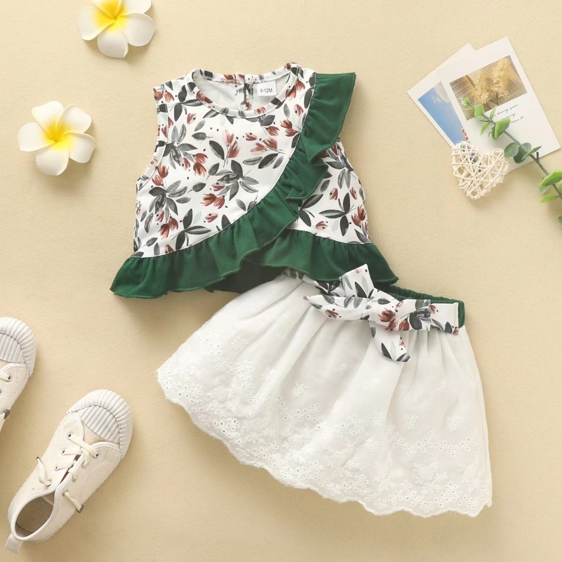 Conyson Hot Wholesale Summer Pastoral Style Sleeveless Shirring Design Bowknot 1 to 6 years old clothing Little girls set