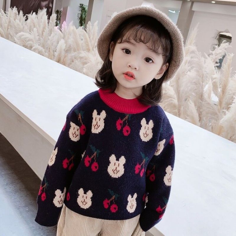 Conyson Hot Sale Kids Clothes New Design Floral Pattern Long Sleeve Casual Loose Knitted Fall Crew Neck Sweater for Baby Girls