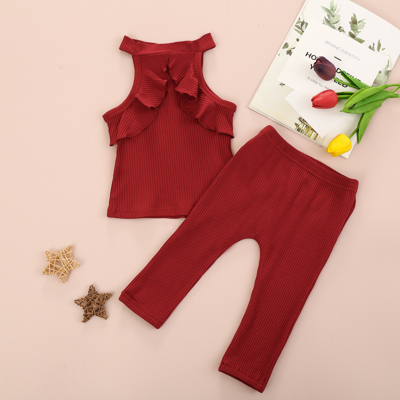 Explosion style childrens piece suit Lovely baby summer clothes set girls ruffle shoulder shirt pants 2pcs outfit girls set