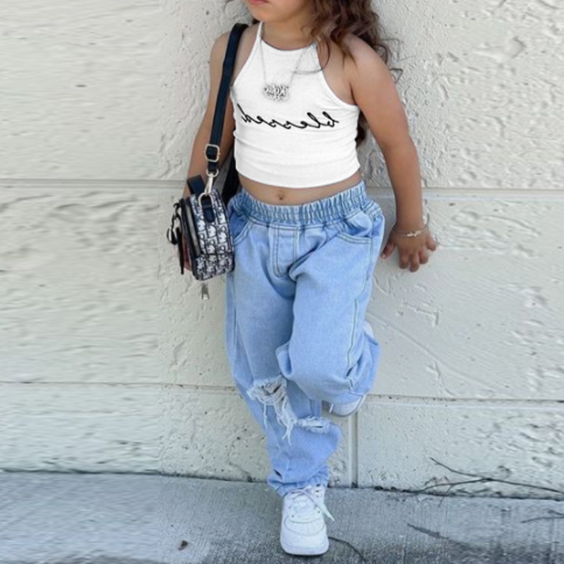 Conyson Custom Baby girl Clothing Girl Outfits Halter Short Sleeve Off Shoulder T-shirt Tops+Hole Pant Leggings 2PCS Outfit set