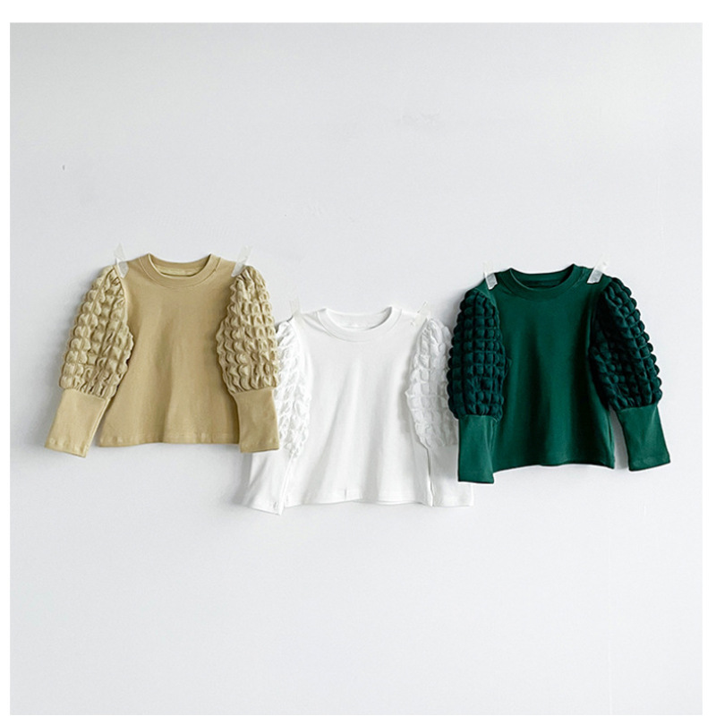 Conyson Wholesale Spring Autumn Toddler Kids Puff Sleeve Top Clothes Casual Solid Tops Child Girls' Clothing