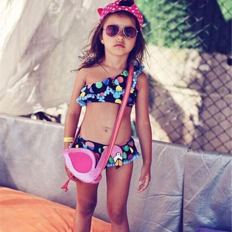 Conyson Baby Girl Swimwear Bikini Set One Shoulder Tassel Children Ruffled Collar 2 pcs Swimsuit Kids One Piece Bathing Suit