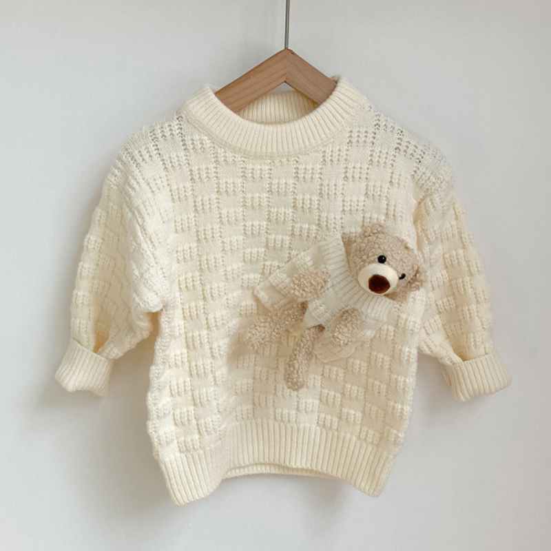 Spring Cute Bear Pocket Toddler Girls Pullover Sweater Solid Color Custom Kids Knit Sweaters Kids Wholesale Sweater
