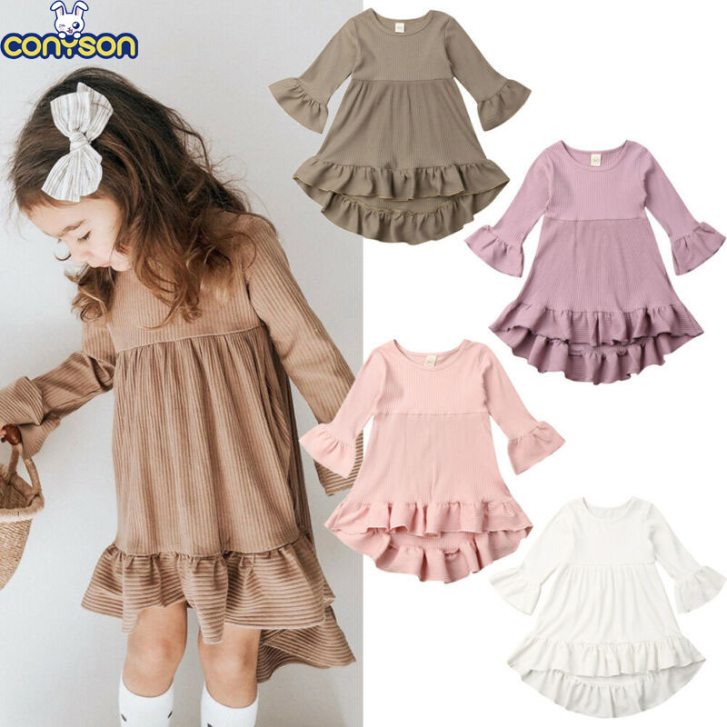 Conyson Hot Sale Princess Kids Clothes Baby Girls Flower Skirt Knitted Solid Long Flared Sleeve Ruffle Tutu Wedding Party Dress