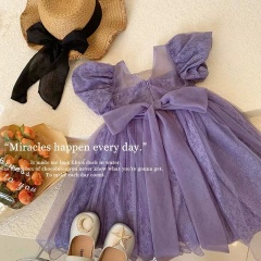 Conyson New Design Wholesale Price Solid Birthday Wedding Party Wear Flower Dresses Baby Girls Bowknot Purple Princess Dress