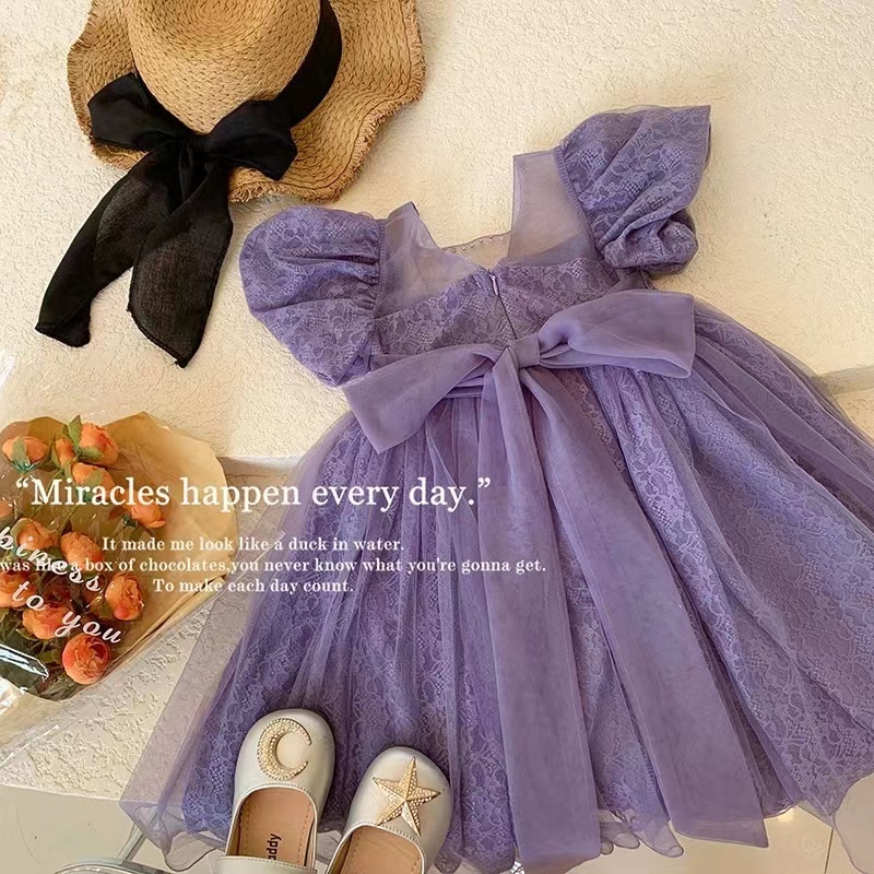 Conyson New Design Wholesale Price Solid Birthday Wedding Party Wear Flower Dresses Baby Girls Bowknot Purple Princess Dress