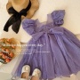 Conyson New Design Wholesale Price Solid Birthday Wedding Party Wear Flower Dresses Baby Girls Bowknot Purple Princess Dress