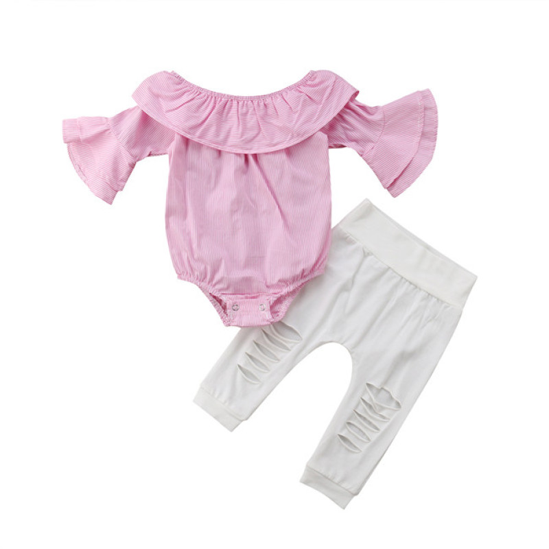 Conyson Girls Clothing Set Girls Off Shoulder Romper +Ripped Jeans Pants Infant Pink Outfits Newborn Clothes Sets