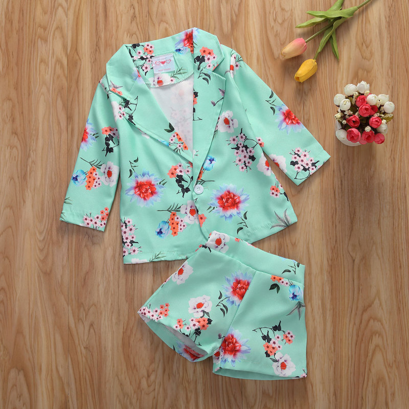 Conyson New Children Girls Long Sleeve Floral Coat Button Spring Outwear Shorts Two piece Fantasy Suit Fashion Kids Clothes Sets