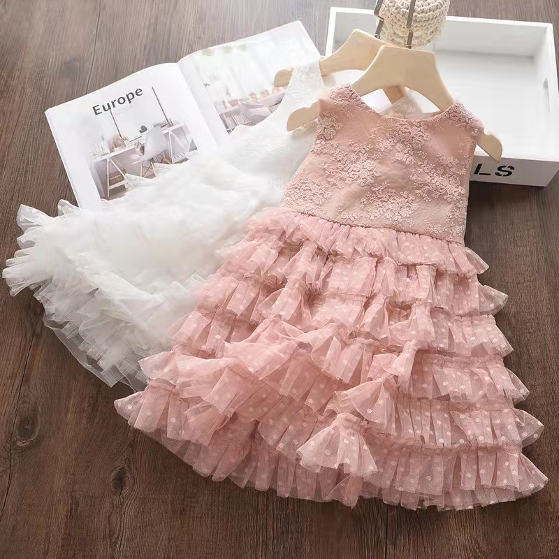 Conyson Wholesale Summer New Design Boutique Mesh Embroidery White Flower Ball Gown Girls Party Dresses