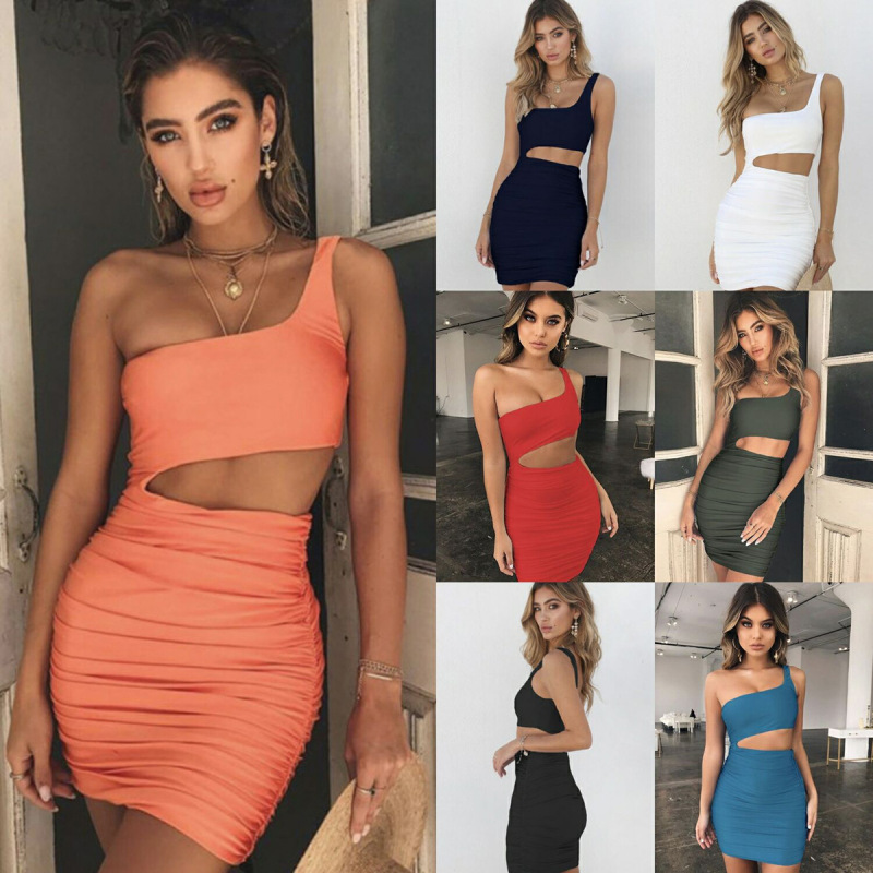 Sexy Colored Pleated Skirt One Shoulder Sling Sleeveless Midriff Skinny Costume Casual Rib Drawstring Women Dresses