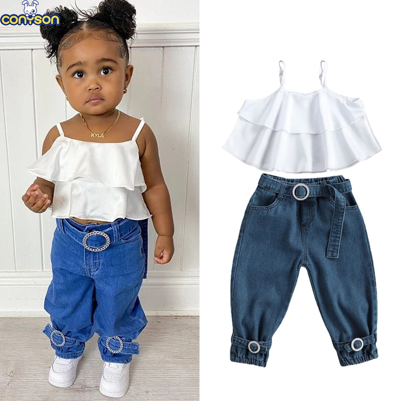 Conyson New Kids Outfits Girls Solid Tank Tops With Belt Shorts Pants 2Pcs Cotton Kids Clothes Summer Kids Girls Clothing Set