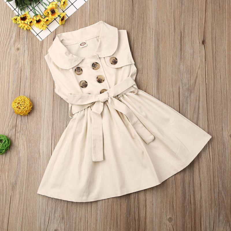 Toddler Baby Girls Retro Dress Sleeveless Double-Breasted Windbreaker Dress Party Pageant Belt Buckle Princess Dress 1-6Y
