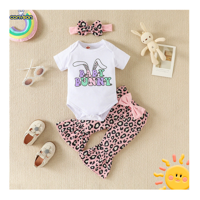 Conyson Low MOQ Summer Infant Toddler Cotton Short Sleeve Romper Leopard Bowknot Printed Pant Clothing Set Baby Girl Fall Outfit