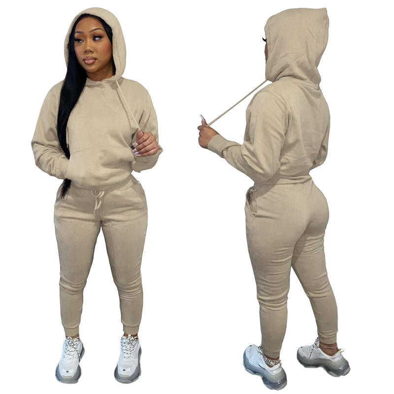 2022 Spring Custom Logo 2 Pc Hoodie Set Women Clothing Winter 2 Piece Set For Women Solid Crop Top Two Piece Sweat Pants Set