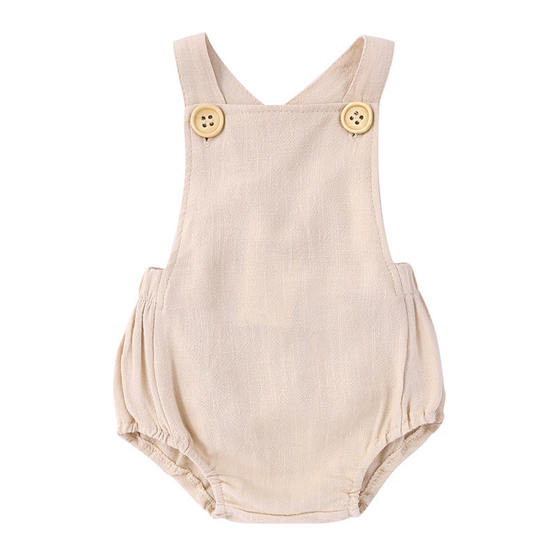 Conyson Wholesale Summer Pure Color Button Short Sleeve Bodysuit Girls Linen Newborn Suspenders Triangle Rompers for Toddlers