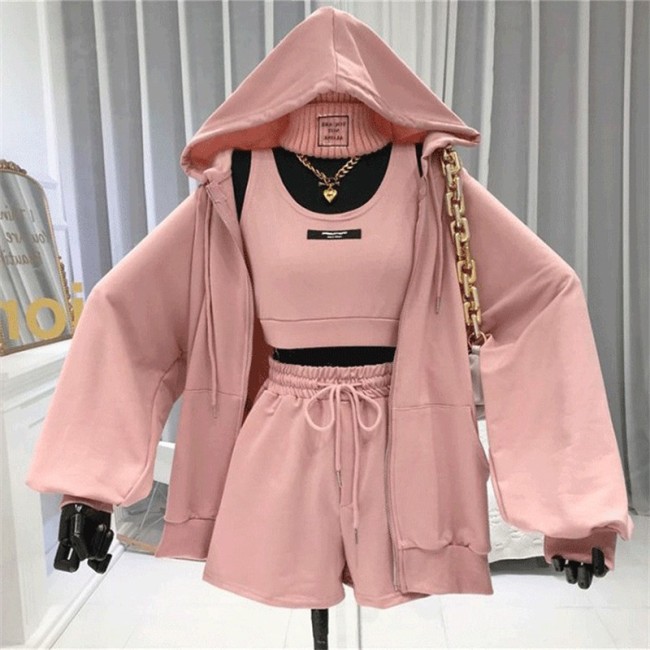 Wholesale AUTUMN fashion designer women's short Clothes sport suit woman clothing three-piece adult tank top shorts hoodie Sets