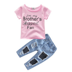 Conyson Wholesale Low Price Fashion Ripped Summer Boutique Little Girl 1-5 Years Cute Print Short Top+Jeans Girls Matching Set