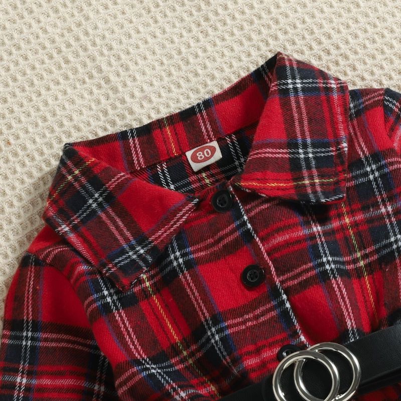 Christmas Princess Dress Brushed England Style Plaid Waist Belt Children Skirt Turn-down Collar Double Ruffle Lovely Party Cloth