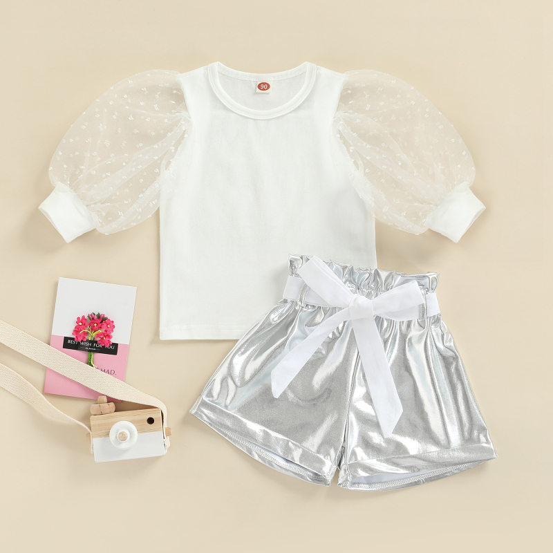 Conyson Wholesale Kids Clothes Summer Short Lace Heart Mesh Puff Sleeve Solid T Shirts+High Waist Shorts With Belt Clothing Set