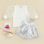 Conyson Wholesale Kids Clothes Summer Short Lace Heart Mesh Puff Sleeve Solid T Shirts+High Waist Shorts With Belt Clothing Set